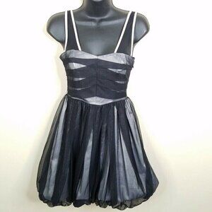 BCBGeneration Dress Womens 0 Black Silver‎ Satin Black Mesh Draped Bubble Flirty